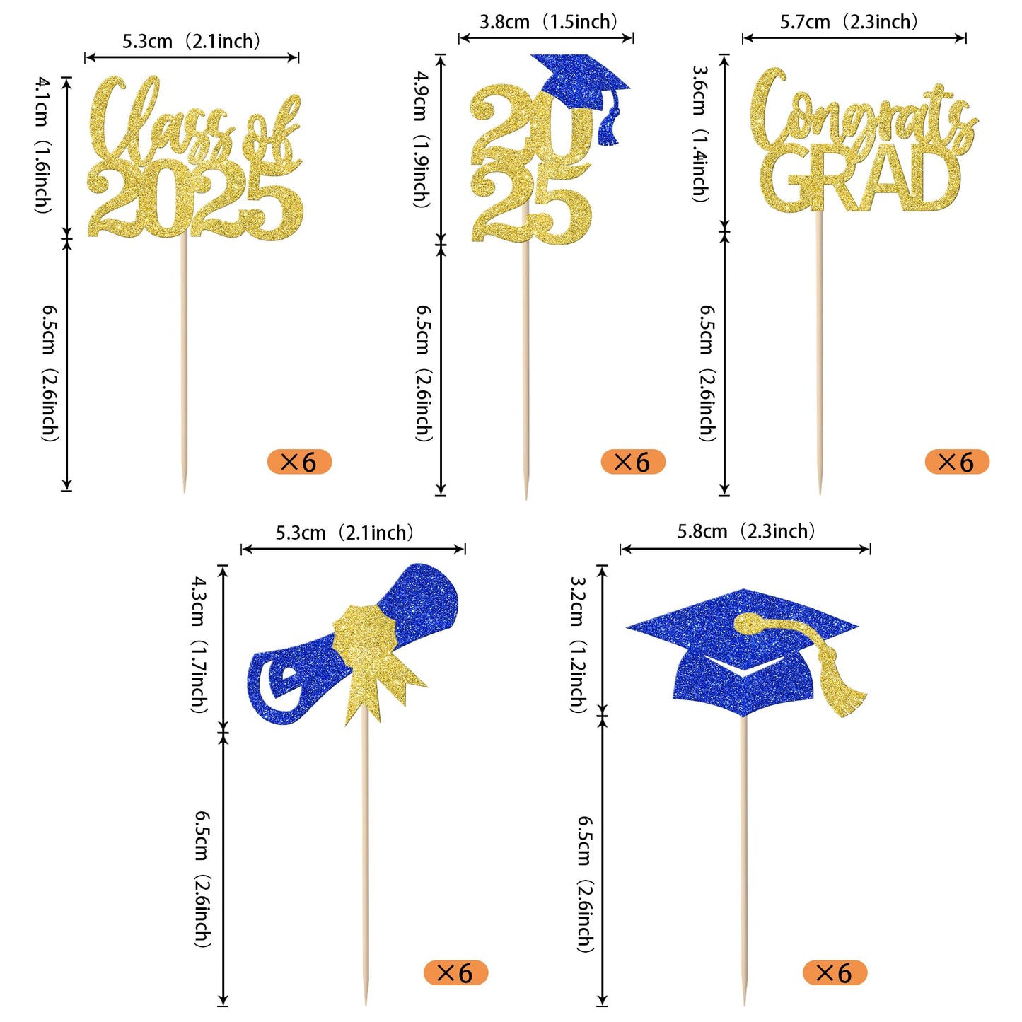 YCTHUNFISH 30 Pack Graduation Cupcake Toppers, Gold Blue Glitter, Bamboo Picks for Class of 2025 Party Decorations