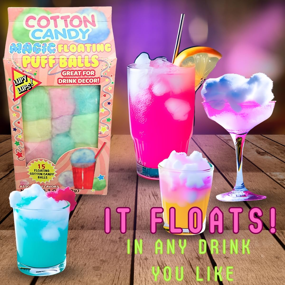 Lupy Lups! Magic Floating Cotton Candy -It Floats! 6.3 Oz 15 Balls-Assorted Flavors- Pastel Candy For Stocking, Treats, Party Fa