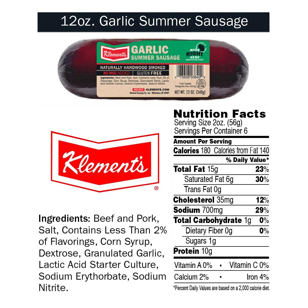 Klements Summer Sausage, Garlic, 12 Ounce, Pack of 1