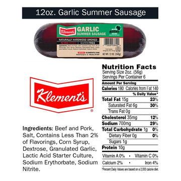Klements Summer Sausage, Garlic, 12 Ounce, Pack of 1
