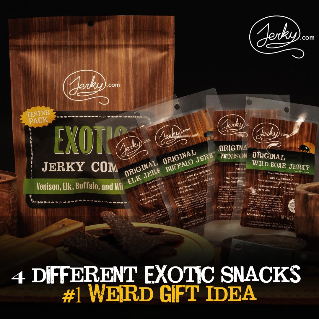 Jerky.Com'S Classic Exotic Jerky Variety Pack - Jerky Variety Pack With 4 Types Of Jerky - Buffalo, Wild Boar, Venison Jerky, An