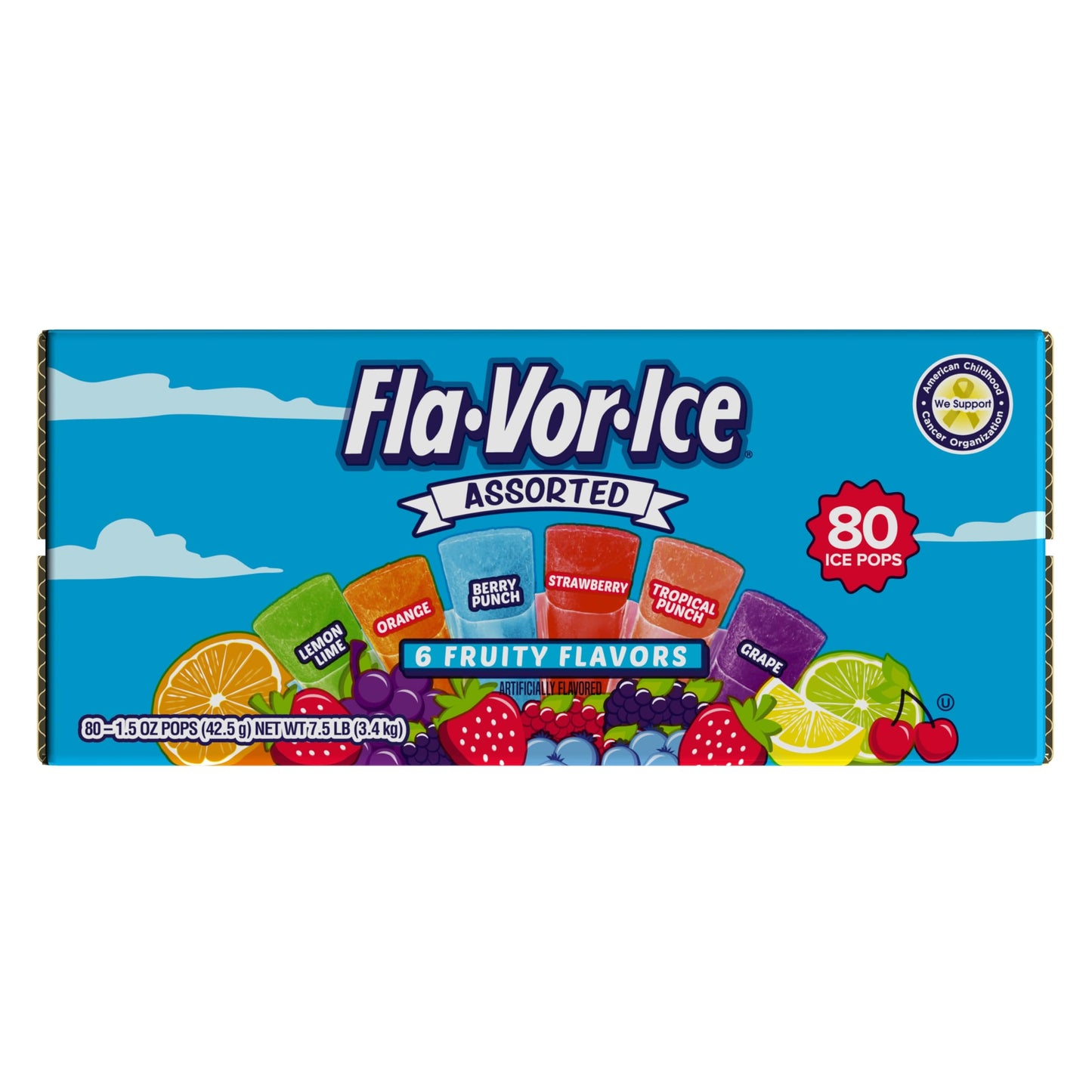 Fla-Vor-Ice Popsicle Variety Pack of 1.5 Oz Freezer Bars, Assorted Flavors, Lemon-Lime, Berry Punch, Grape, Strawberry, Orange,