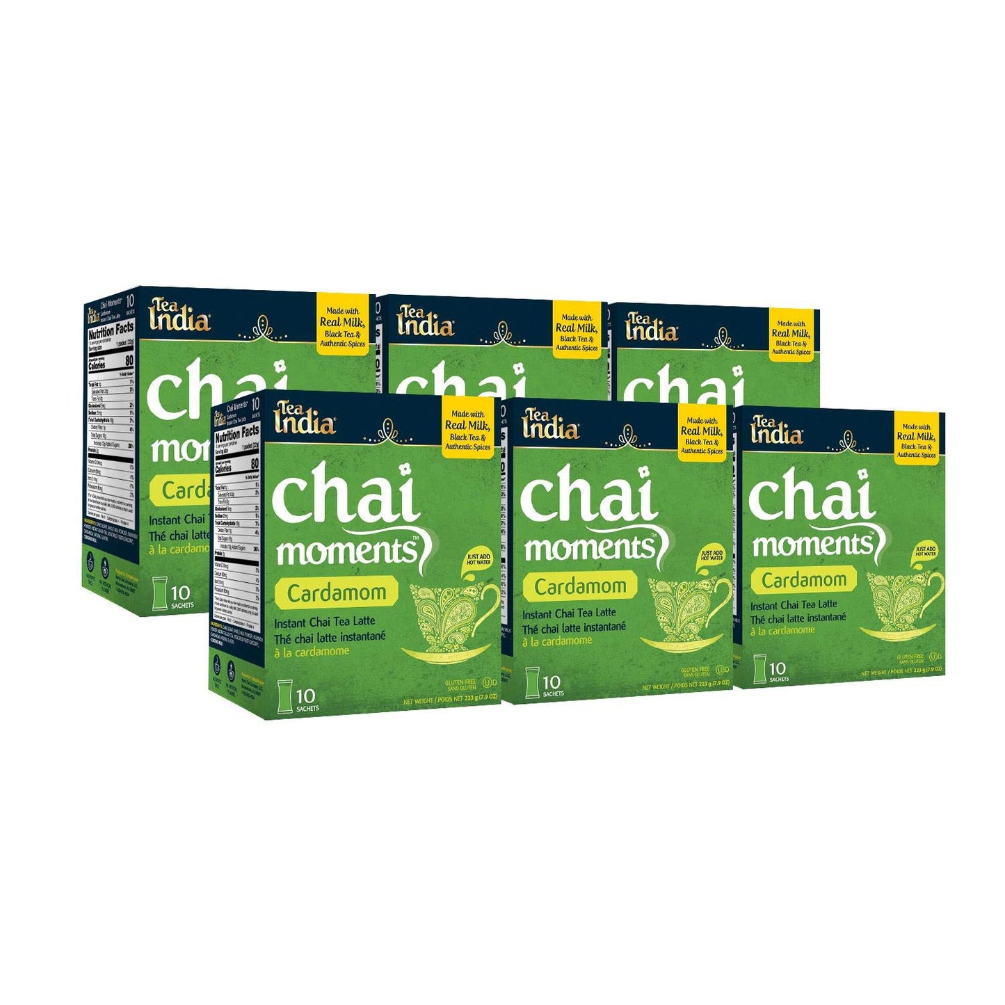 Tea India Chai Moments Cardamom Chai Instant Latte Mix, 10 Count (Pack of 6), Premium Black Tea, Flavorful Blend