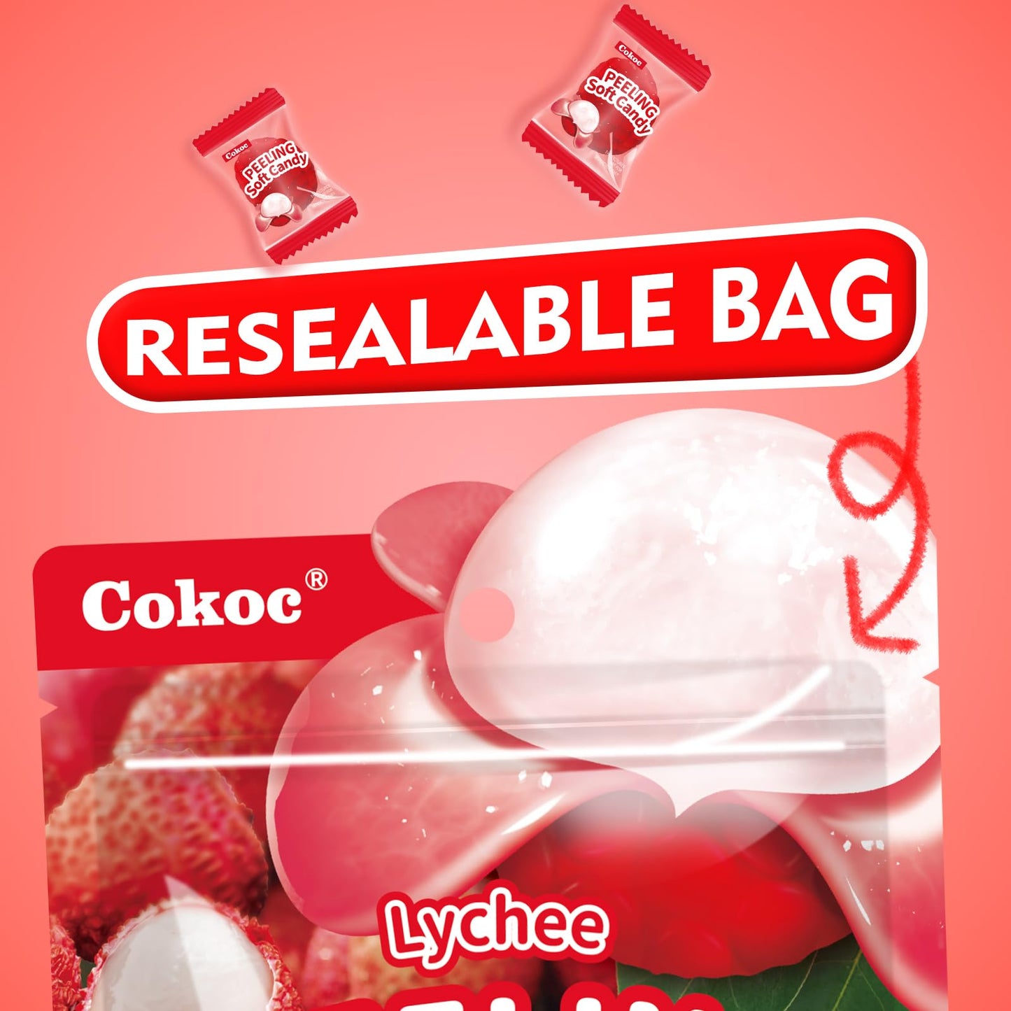 COKOC Peelable Gummies Lychee Candy, Fruit-Shaped Snack, 2.64oz Bag, Pack of 3