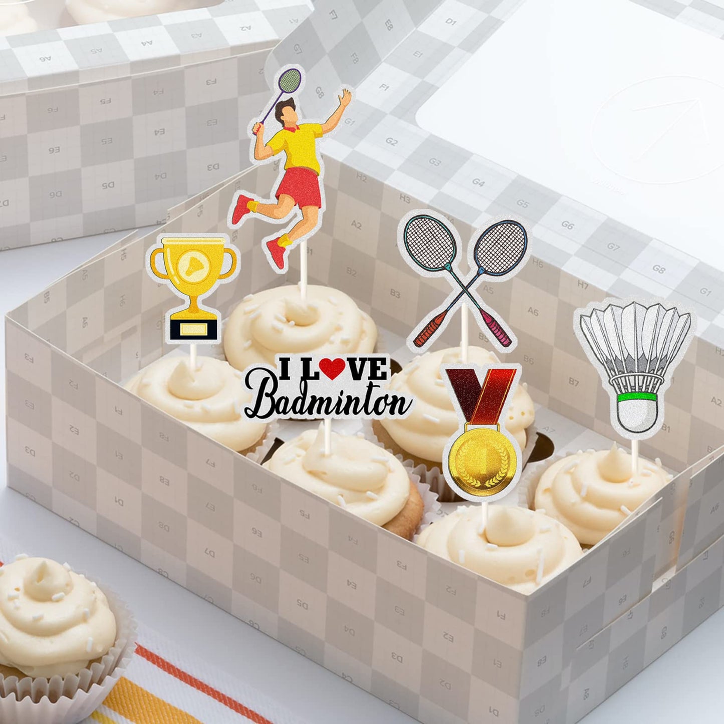 Mefeng-Badminton Theme Cupcake Toppers-Trophy-Racket-Medals-Badminton-I Love Badminton Sign-Funny Kit Ball Games Cupcake Toppers