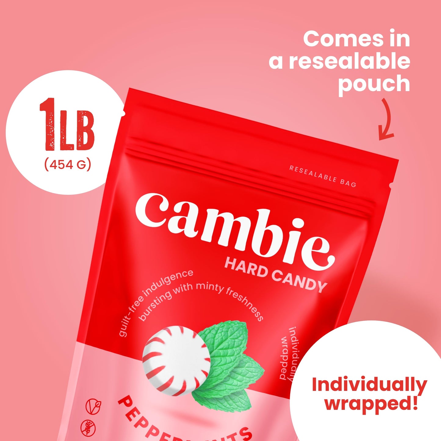 Sugar Free Peppermint Starlights By Cambie | 1 Lb Of Peppermint Sugar Free Hard Candy | Individually Wrapped Mint Candy | Delici