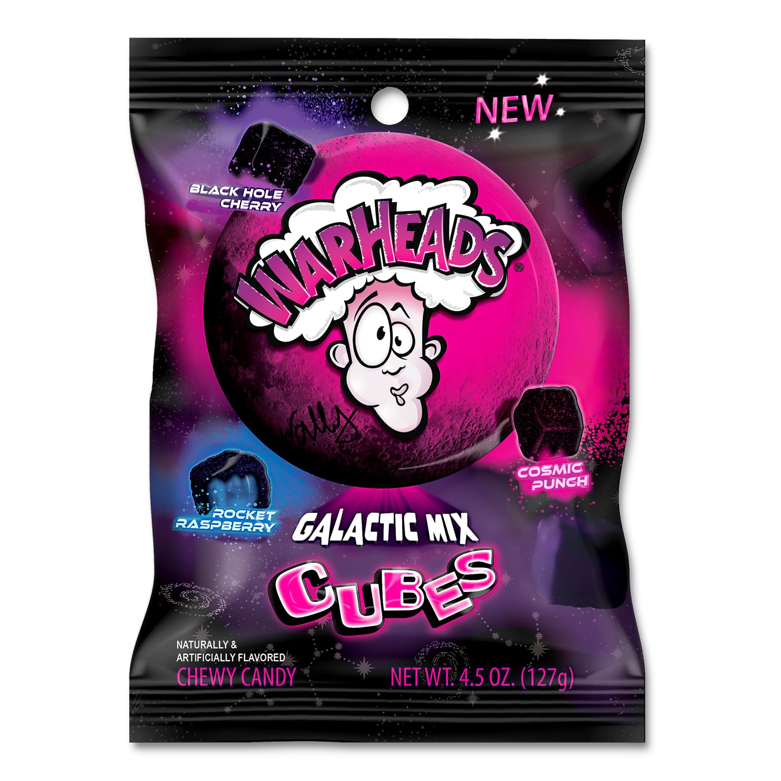 Warheads Galactic Mix Cubes - Sour Sweet & Fruity Chewy Candy - Black Hole Cherry, Rocket Raspberry & Cosmic Punch Flavors - 4.5