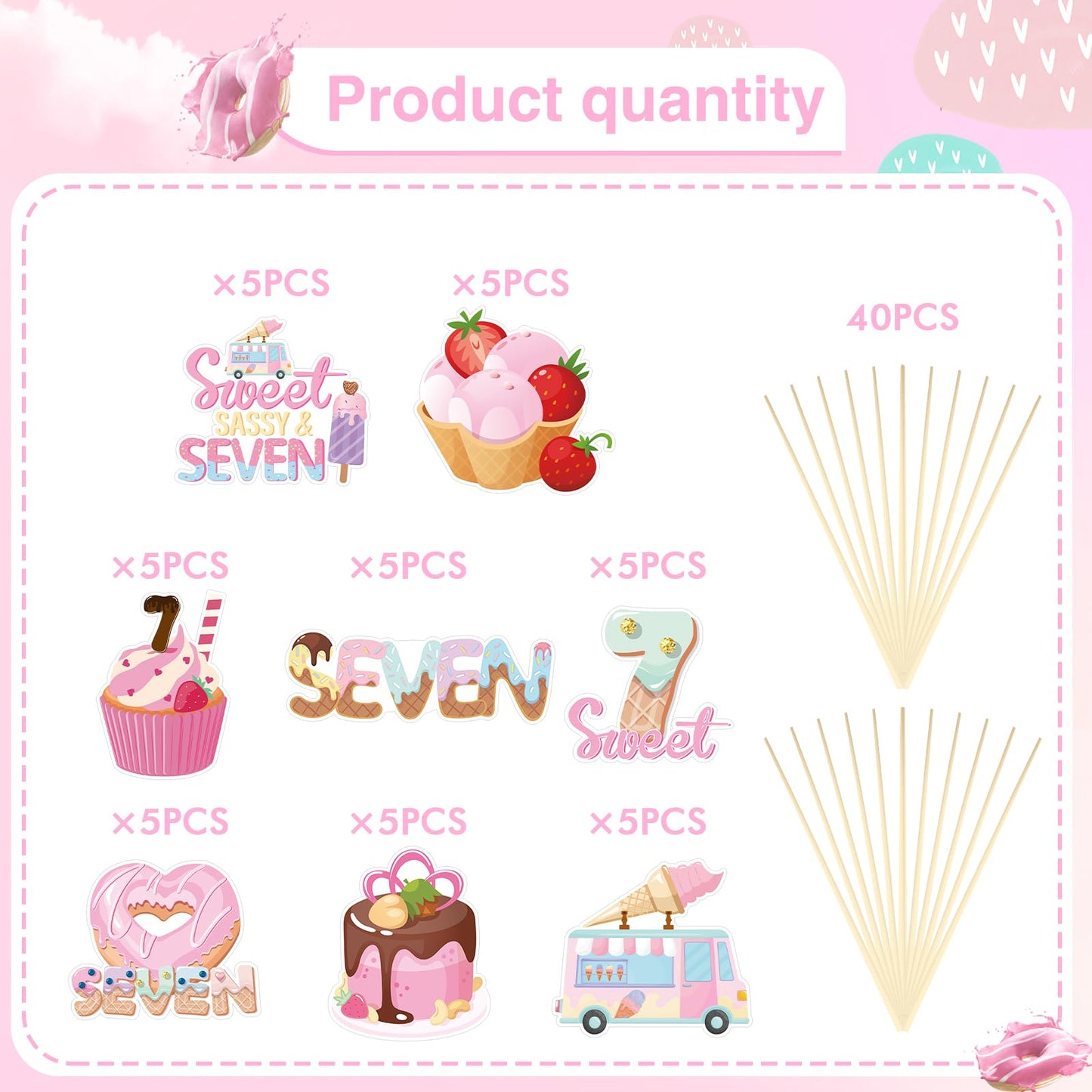Joybileefun 40PCS Ice Cream Cupcake Toppers, Paper Birthday Decorations, 2*4 inches, Sweet Sassy and Seven Color