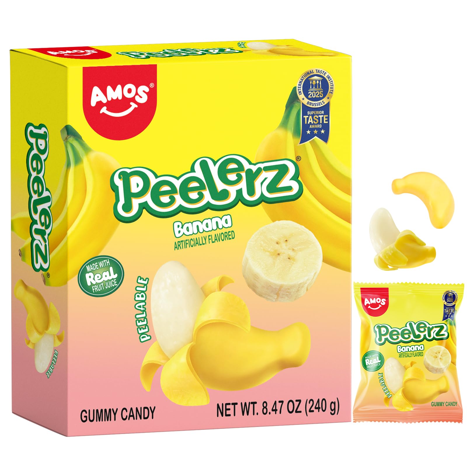 AMOS Peelerz Banana Gummy Candy, Peelable Fruit-Shaped Candy, 8.47oz Box with 10 Individual Packs - Fun Peeling Gummy Snack Made