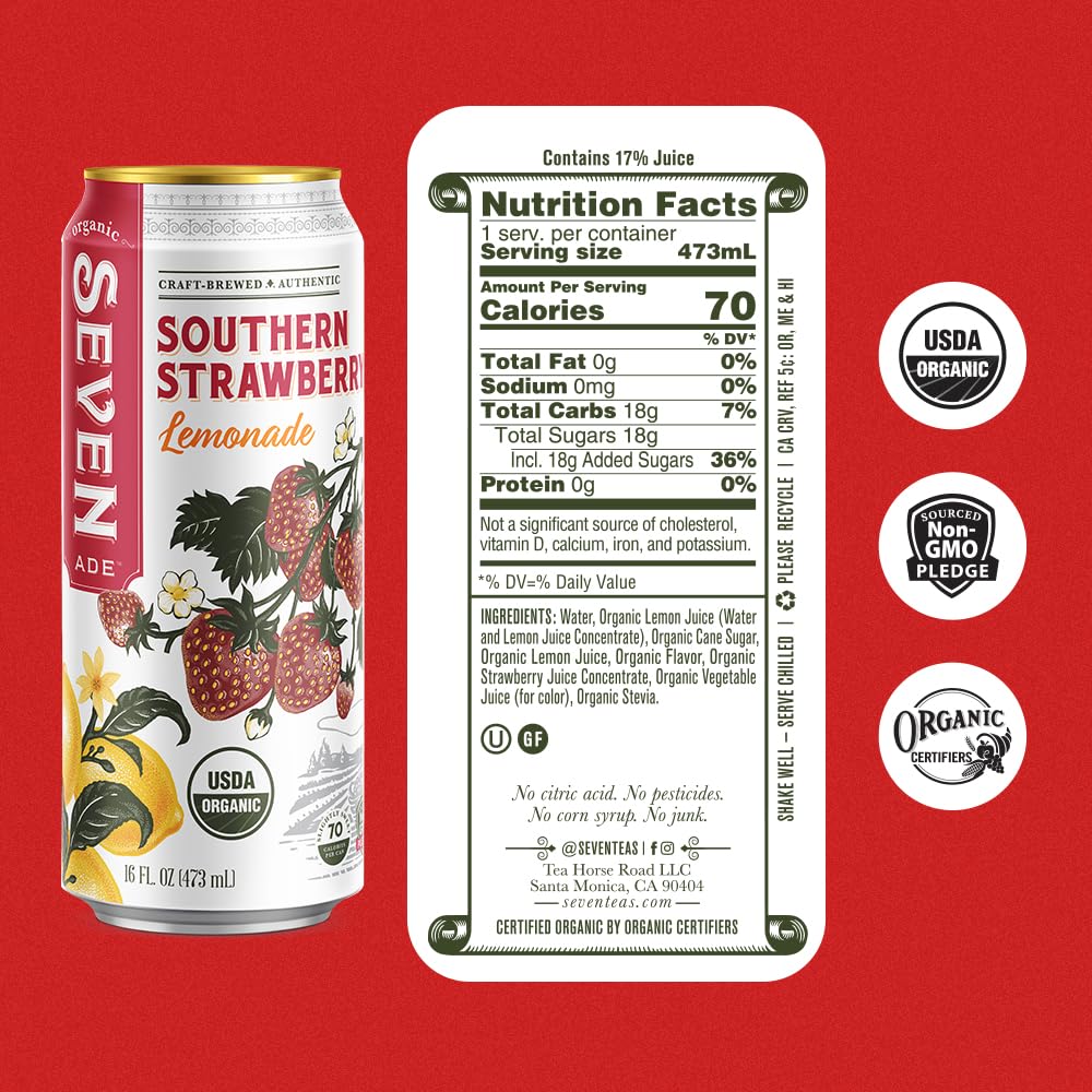 SevenTeas Southern Strawberry Lemonade, Organic, 16 Fl Oz, Pack of 12 Cans