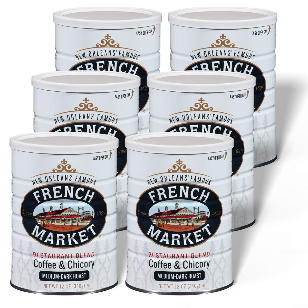 French Market Coffee, Coffee & Chicory Restaurant Blend, Medium-Dark Roast Ground Coffee, 12-Ounce Metal Can (Pack Of 6)