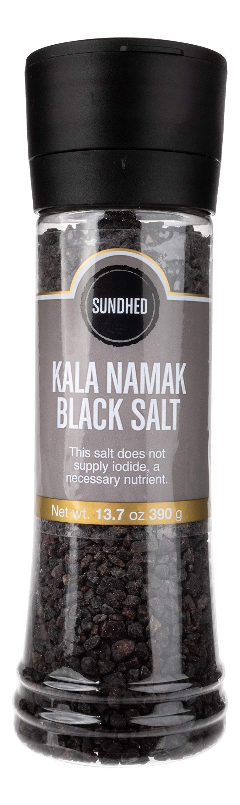 Sundhed Himalayan Black Rock Salt Kala Namak (Course) In Grinder | 390 Grams (13.75 Oz) | Natural Vegan Seasoning