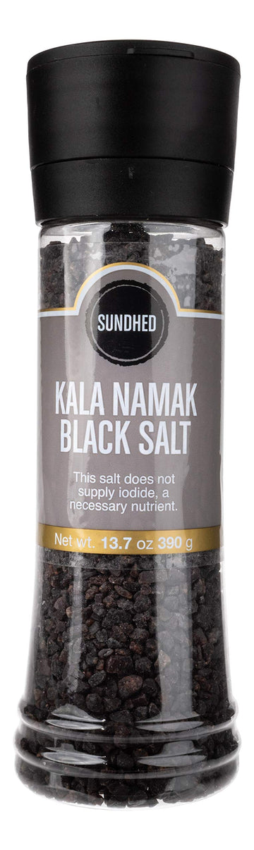 Sundhed Himalayan Black Rock Salt Kala Namak (Course) In Grinder | 390 Grams (13.75 Oz) | Natural Vegan Seasoning