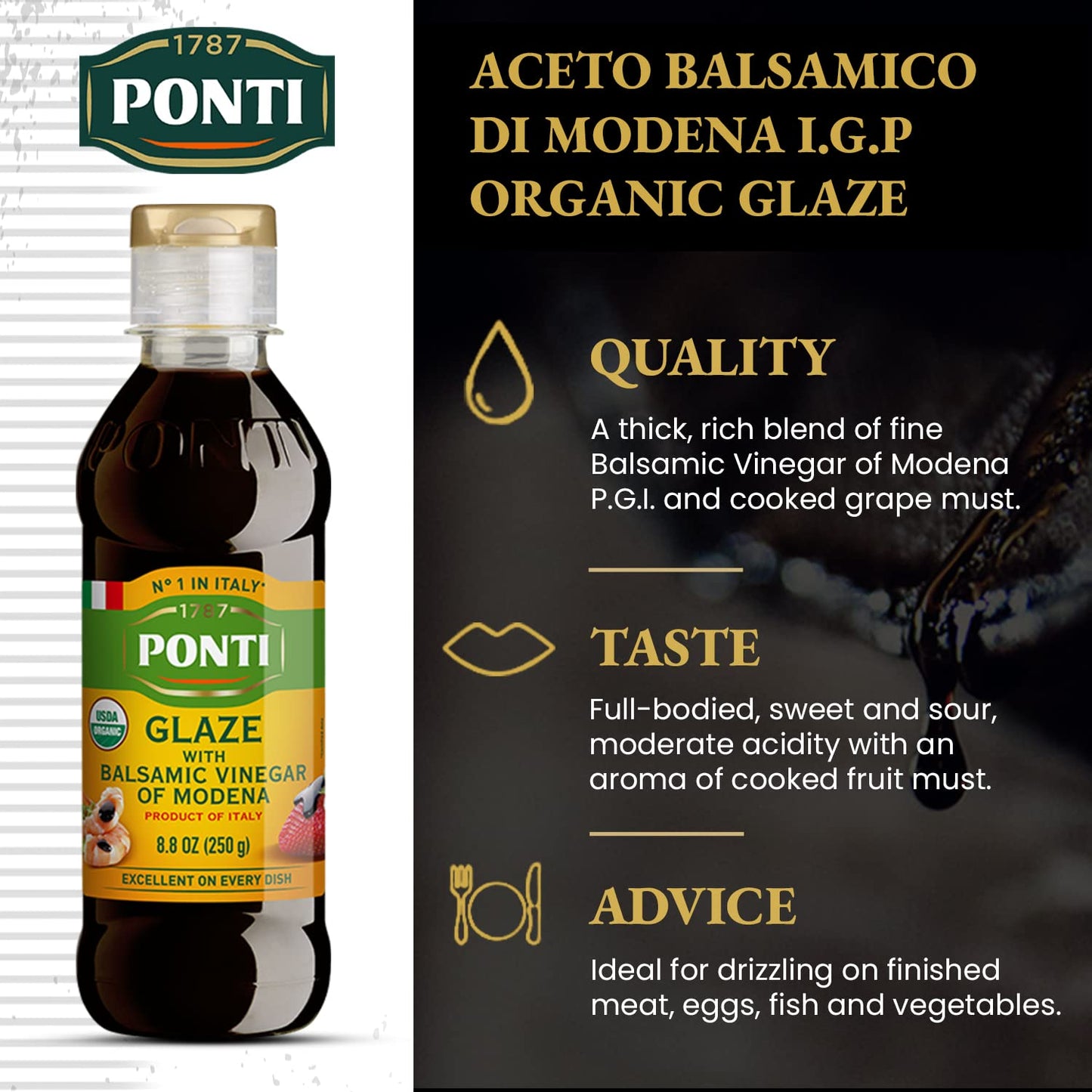 Ponti Organic Glaze With Balsamic Vinegar 8.82Oz (250Ml) - Italian - Perfect For Meats Pastas Salads - Drizzle Tart Sweet Carame