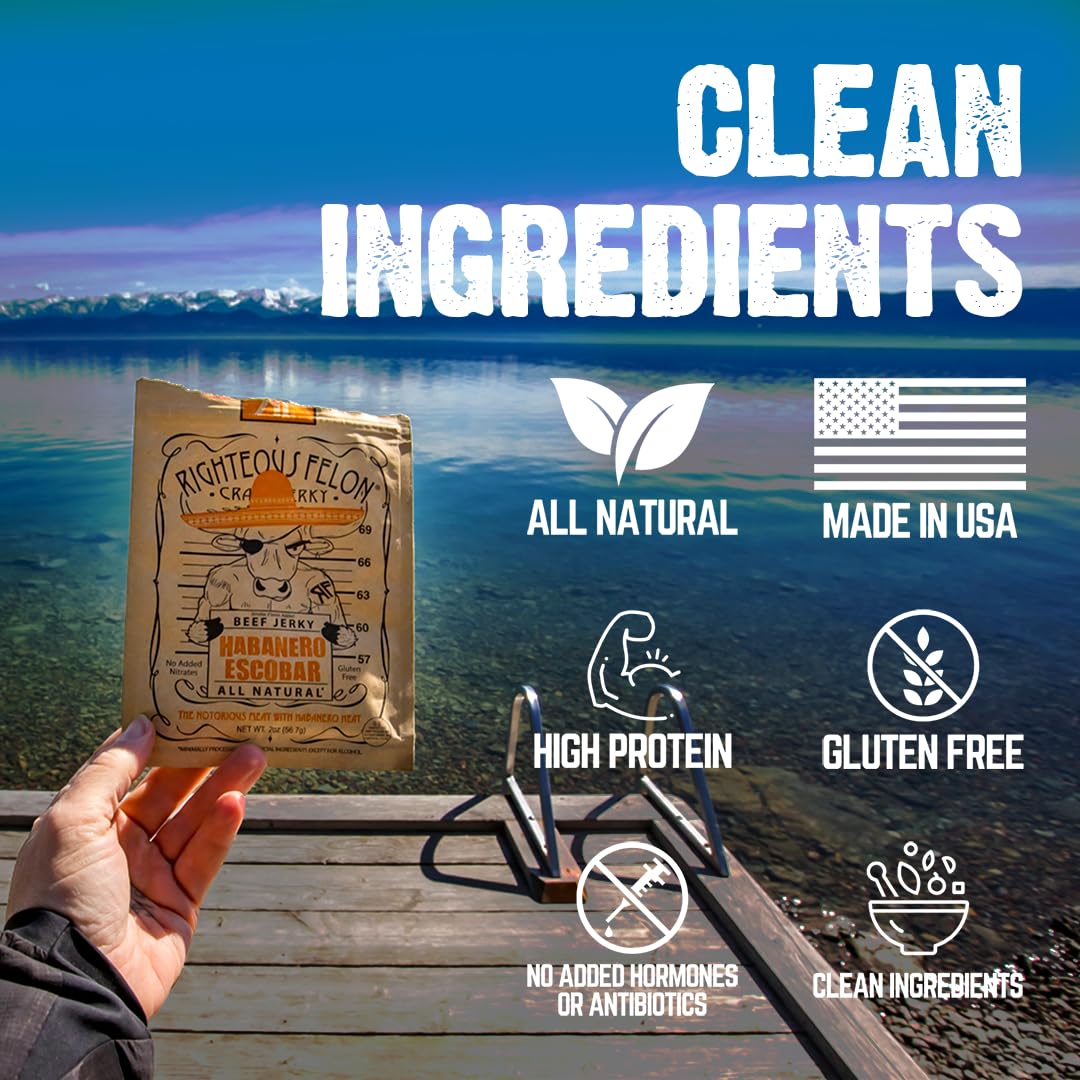 Righteous Felon Beef Jerky - Habanero Escobar Flavor - All-Natural Jerky - Locally Sourced  Dried Beef Jerky - Low-Sugar, High-P