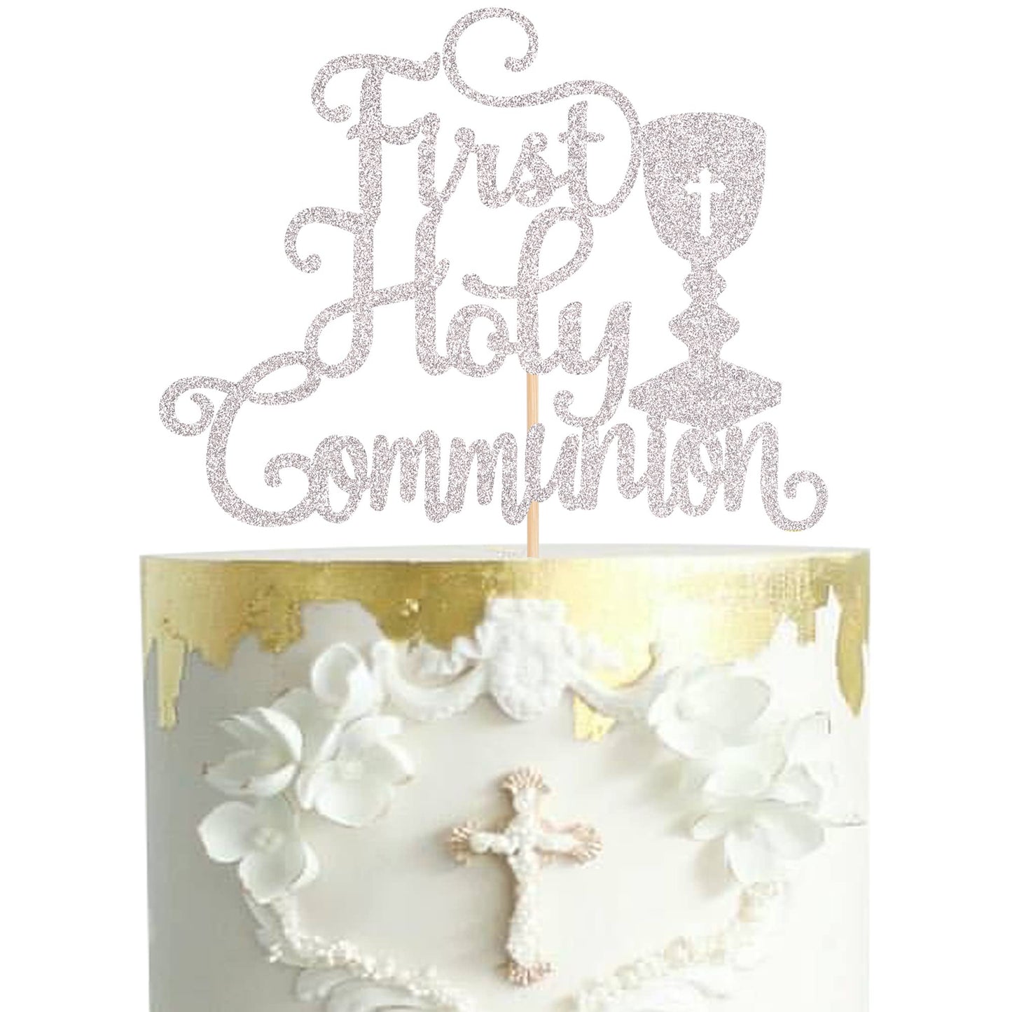 1 PCS First Holy Communion Cake Topper Glitter Baby Baptism Christening Cake Pick God Bless Cake Decorations for First Communion
