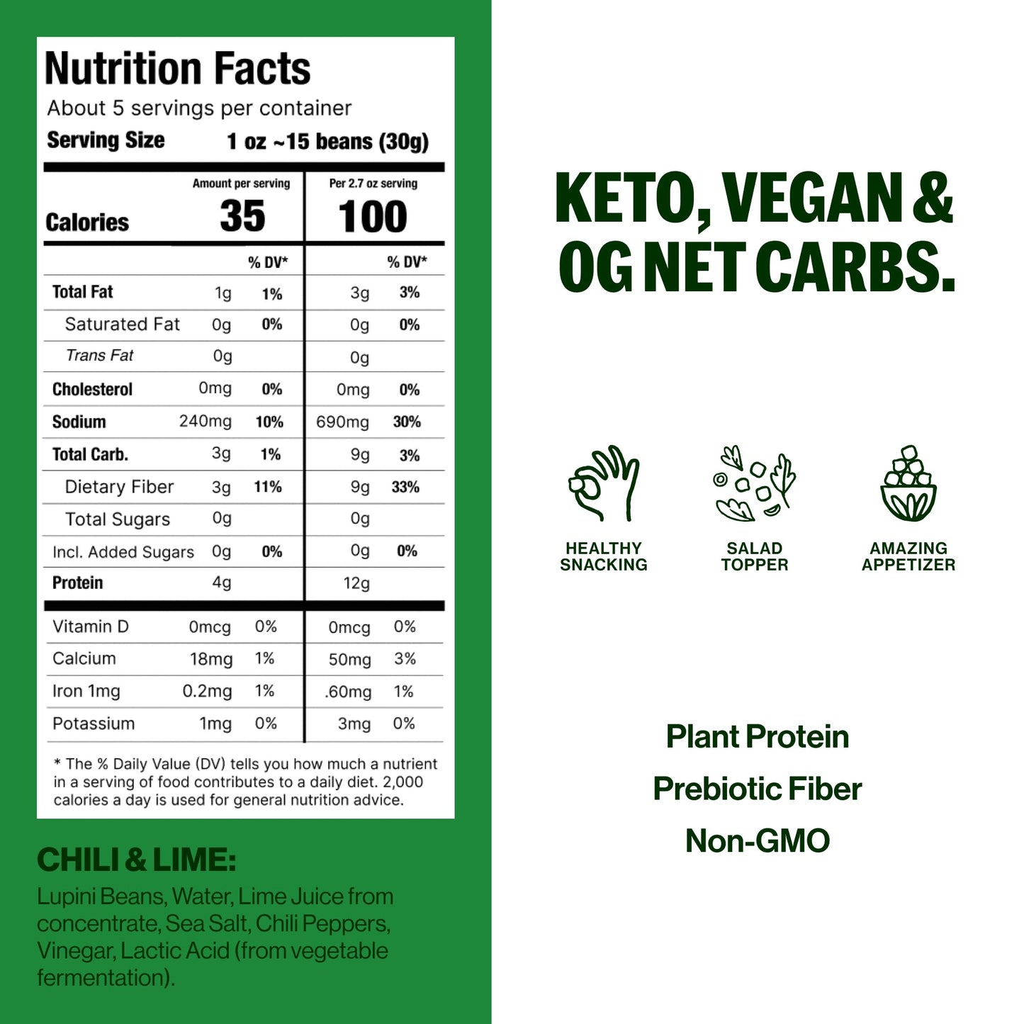 Brami Lupini Beans Snack, Chili & Lime | 7G Plant Protein, 0G Net Carbs | Vegan, Vegetarian, Keto, Mediterranean Diet, Non Perishable | 5.3 Ounce (4 Count)