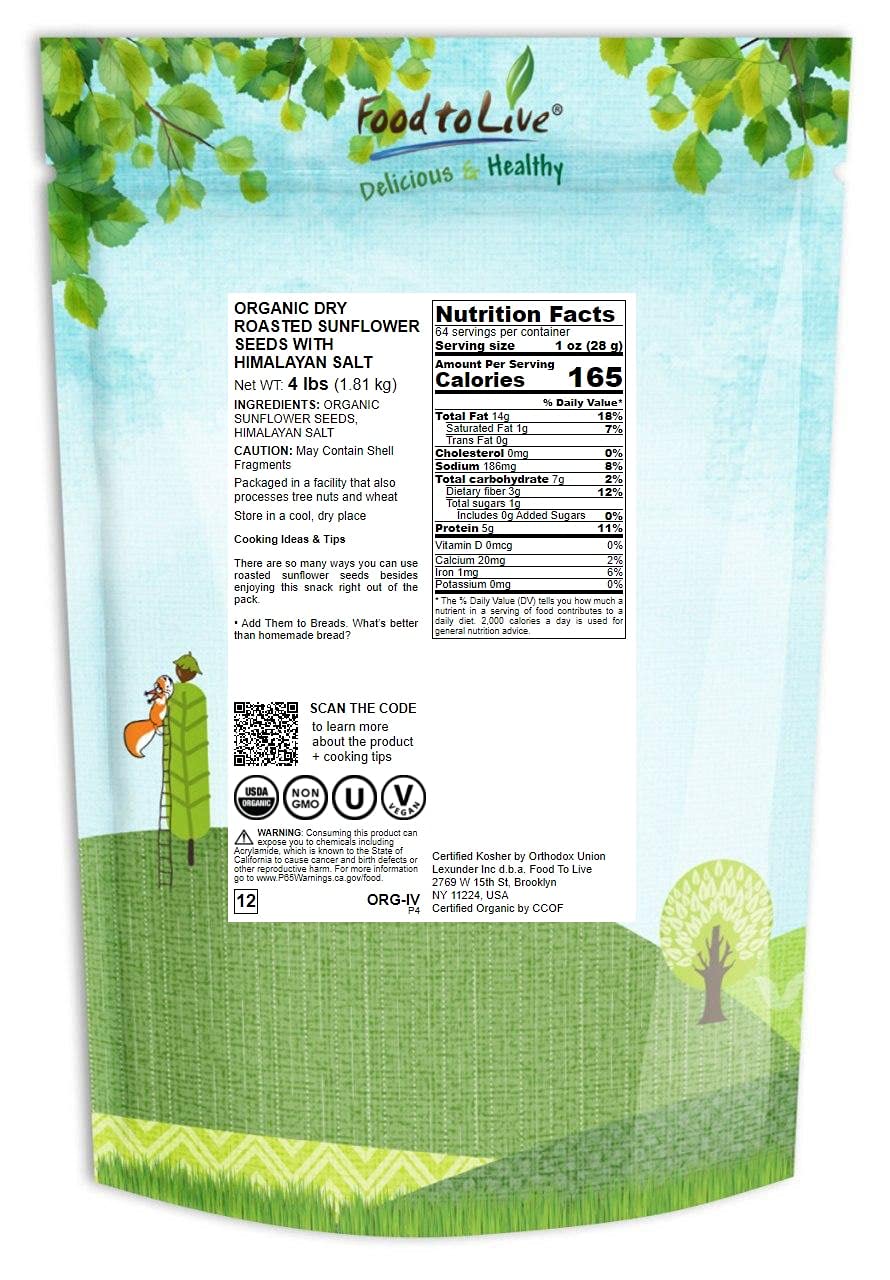 Food To Live Organic Roasted And Salted Sunflower Seeds, 4 Pounds Non-Gmo Kernels, Vegan, Kosher, Bulk, Hulled, High In Protein