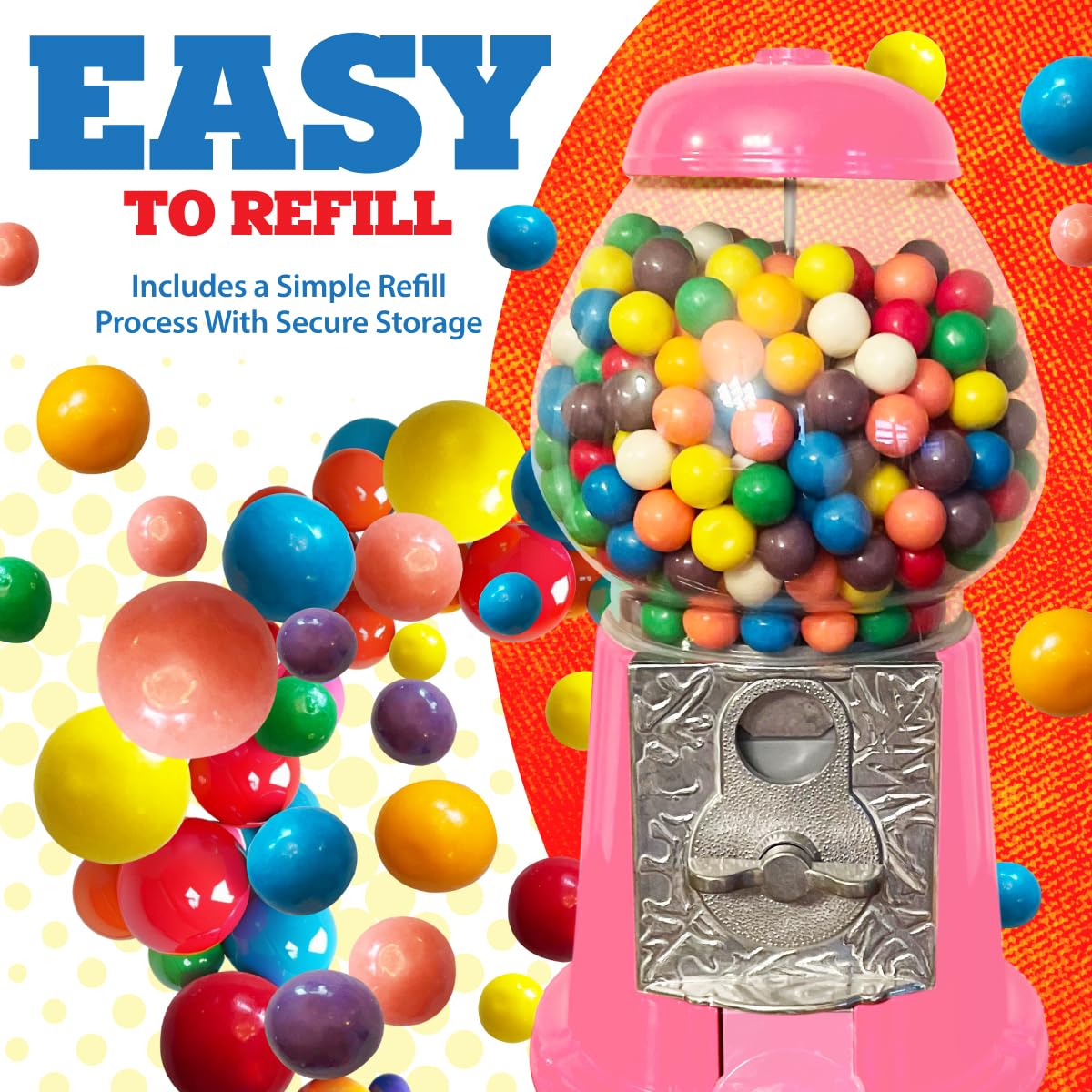 American Gumball Company - Metal 11-Inch Retro Style Pink Gumball Machine, Made For 0.62 Inch Gumballs, Candy Or Nuts, Accepts A