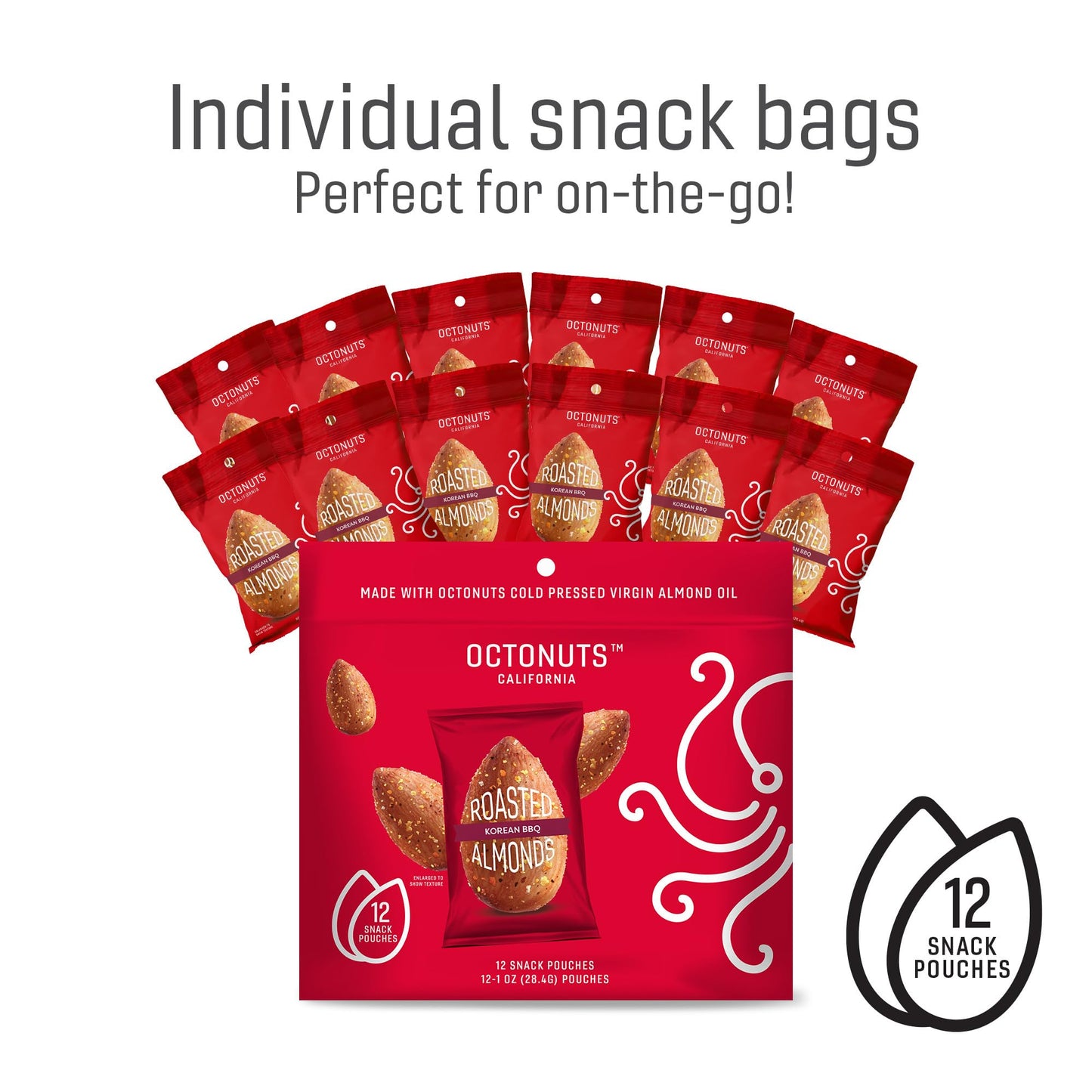 Octonuts Korean BBQ Almonds - 12 Individually Wrapped Snack Packs (1oz Each), Healthy Snacks for Adults and Kids, Non-GMO, Keto