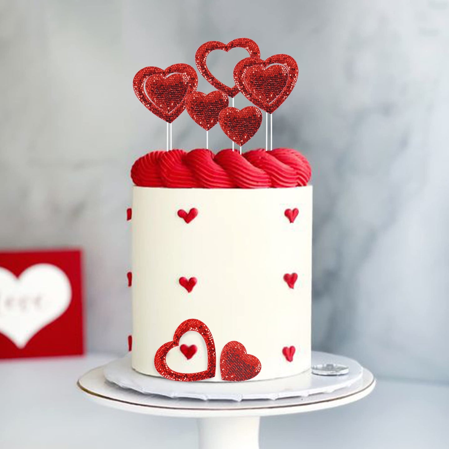 Ercadio 10 Pack Happy Valentine'S Day Heart Cake Toppers Felt Red Heart Cake Toppers Happy Valentine'S Day Cake Picks For Weddin