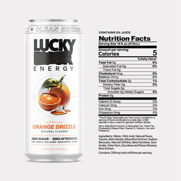 Lucky Energy Sugar Free Energy Drink, Orange Drizzle, 16oz Cans, 12-Pack, Zero Sugar, with Maca, Ginseng, and 200mg Caffeine