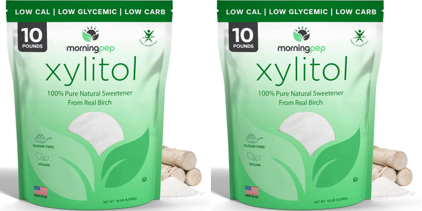 Pack Of 2 Morning Pep Pure Birch Xylitol (Keto Diet Friendly) Sweetener With No Aftertaste Bulk Size 10 Lbs (Not From Corn) Non Gmo Kosher Gluten Free Product Of Usa. Total 20 Lbs (320 Oz)