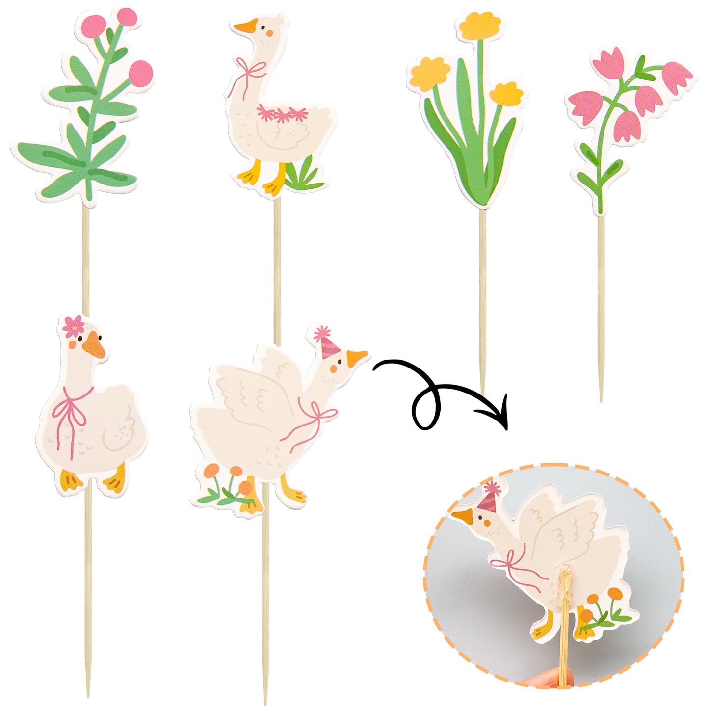 Gyufise 36Pcs Silly Goose Cupcake Toppers Birthday White Goose Baby Shower Theme Kids Baby Boy Girl Decorations Party Supplies F