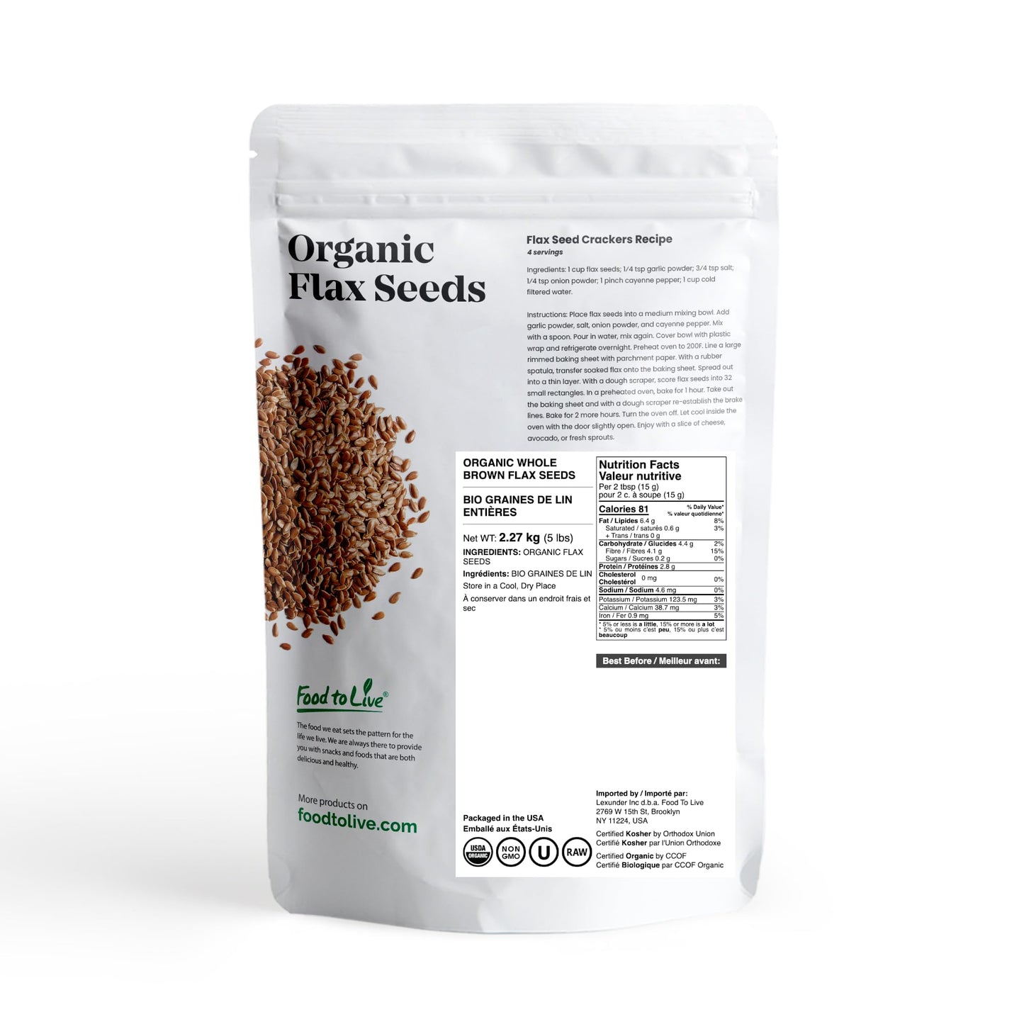 Food to Live Organic Brown Flax Seeds, 5 Pounds - Whole Raw Flaxseeds, Non-GMO, Unroasted, Dried, Kosher, Vegan. Rich in Omega-3