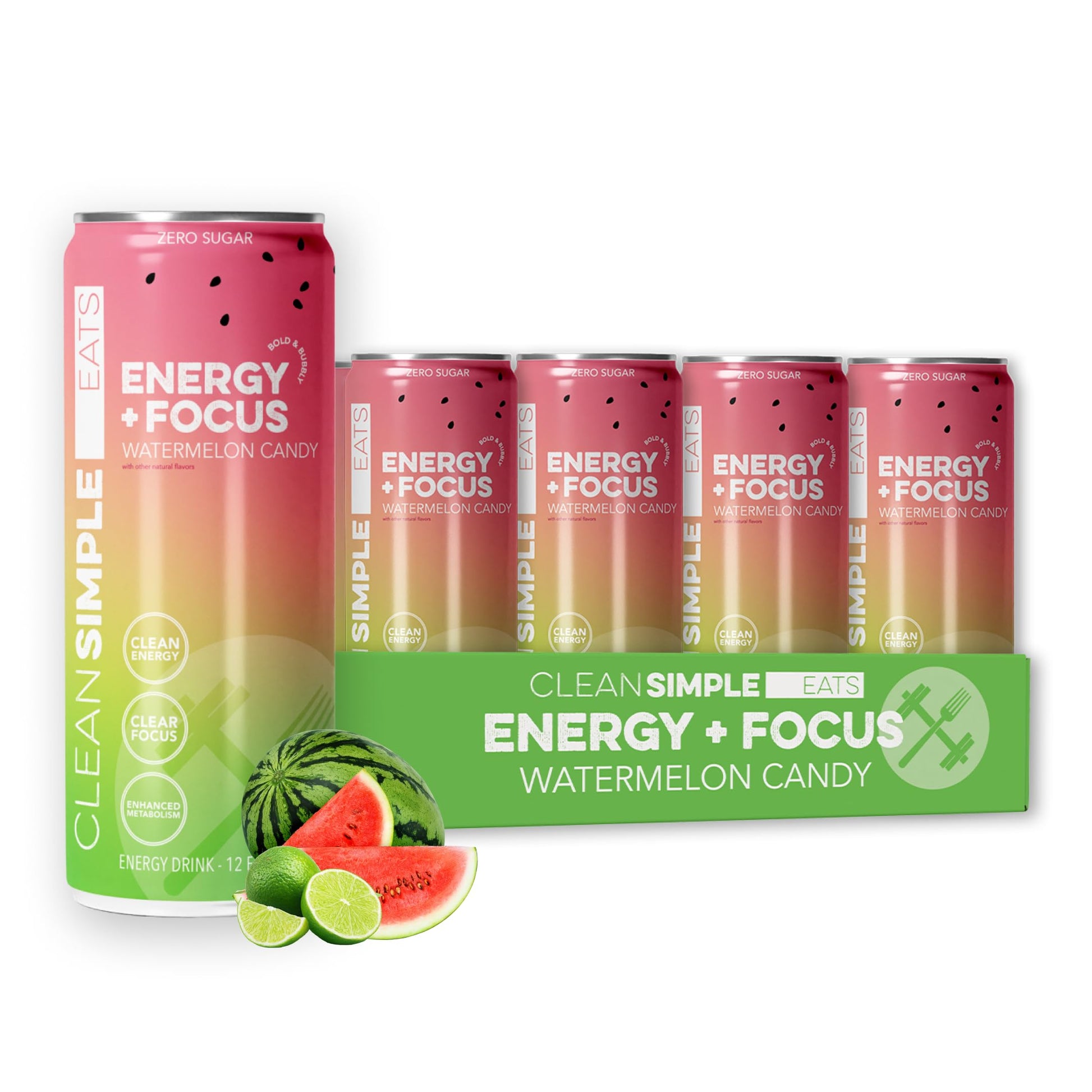 Clean Simple Eats Energy Drink, 100 Mg Organic Caffeine, Watermelon Candy Flavor, 12 Oz Cans, 12 Pack