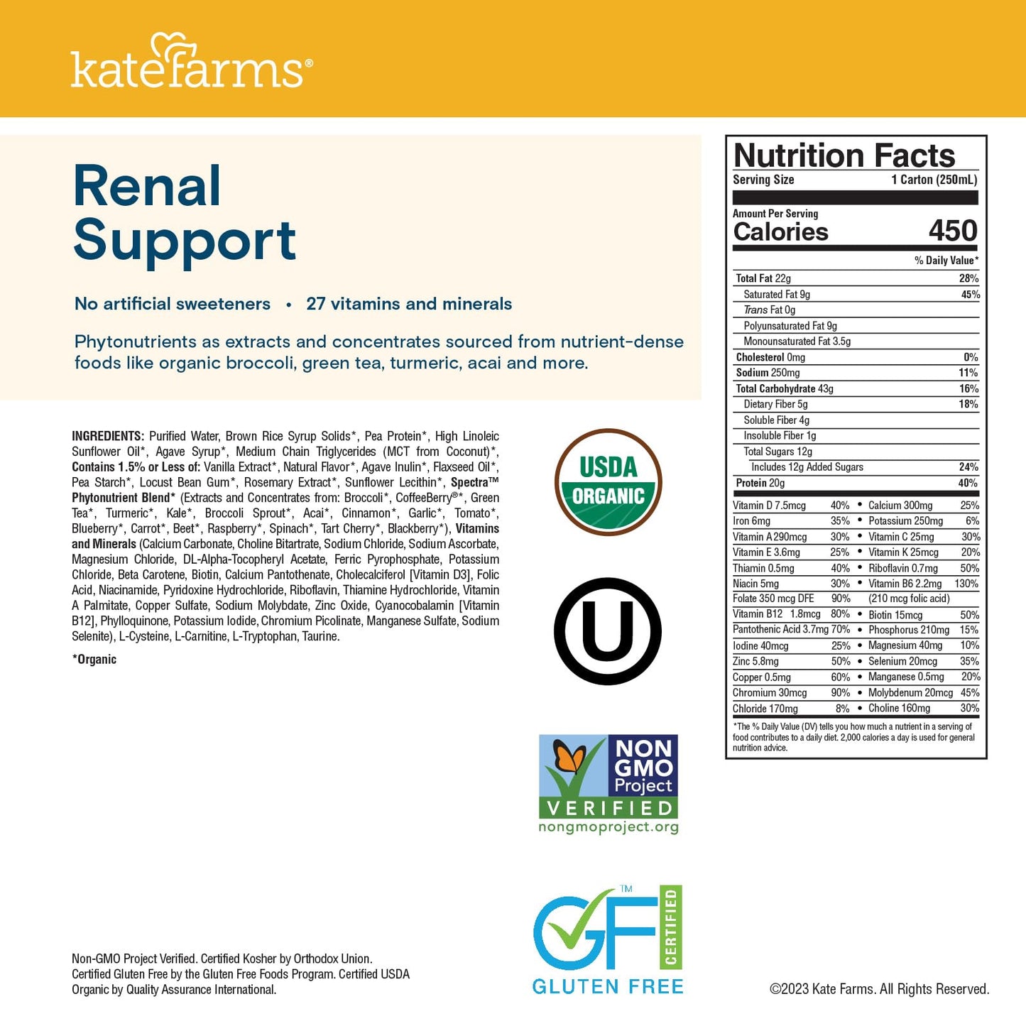 KATE FARMS Organic 1.8 Renal Support Shake, Vanilla, 20g Protein, 27 Vitamins and Minerals, Specialized Dialysis Nutrition Suppo