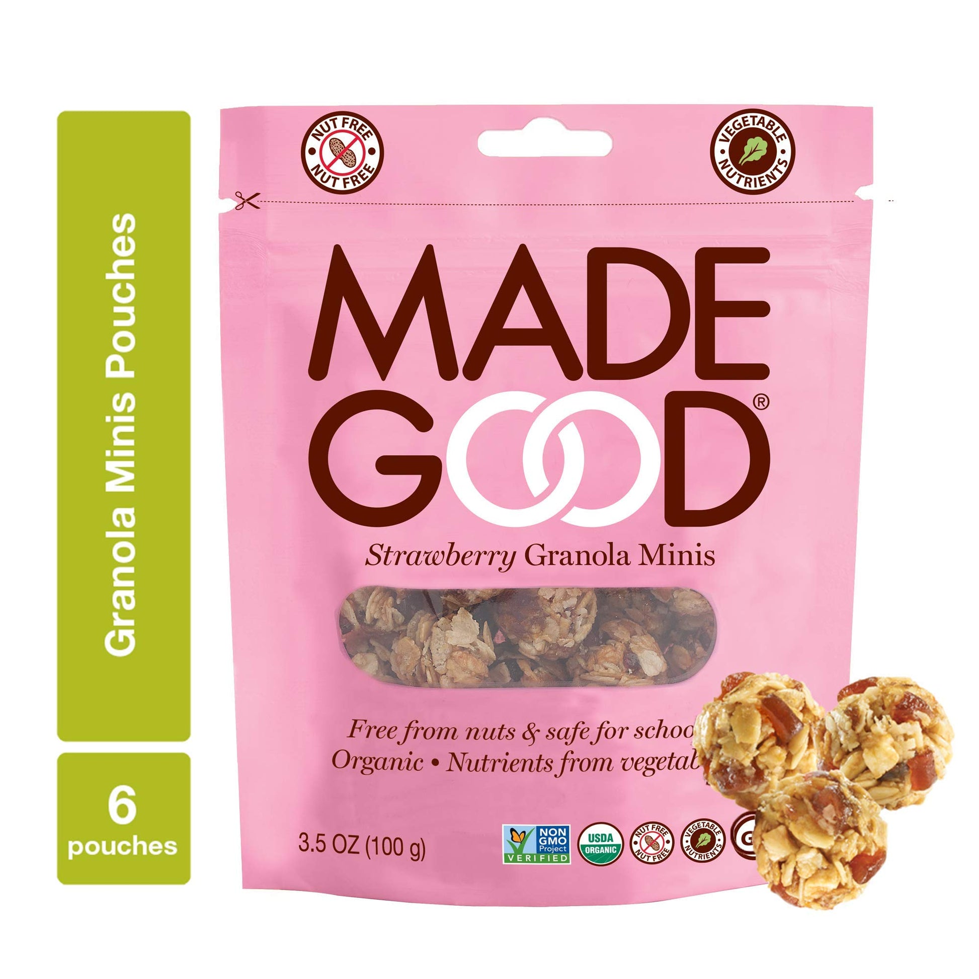 MadeGood Strawberry Granola Minis, 6 Pouches (3.5 oz/ea) Granola Clusters Made with Crunchy Oats and Juicy Strawberries; Conveni