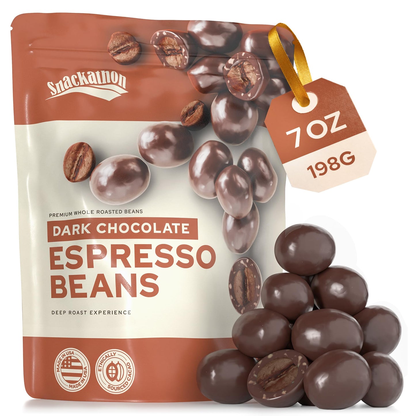 Snackathon Dark Chocolate Covered Espresso Beans  7 Oz Resealable Bag  Made In Usa  Rich & Bold Gourmet Candy Snack For Coffee Lovers