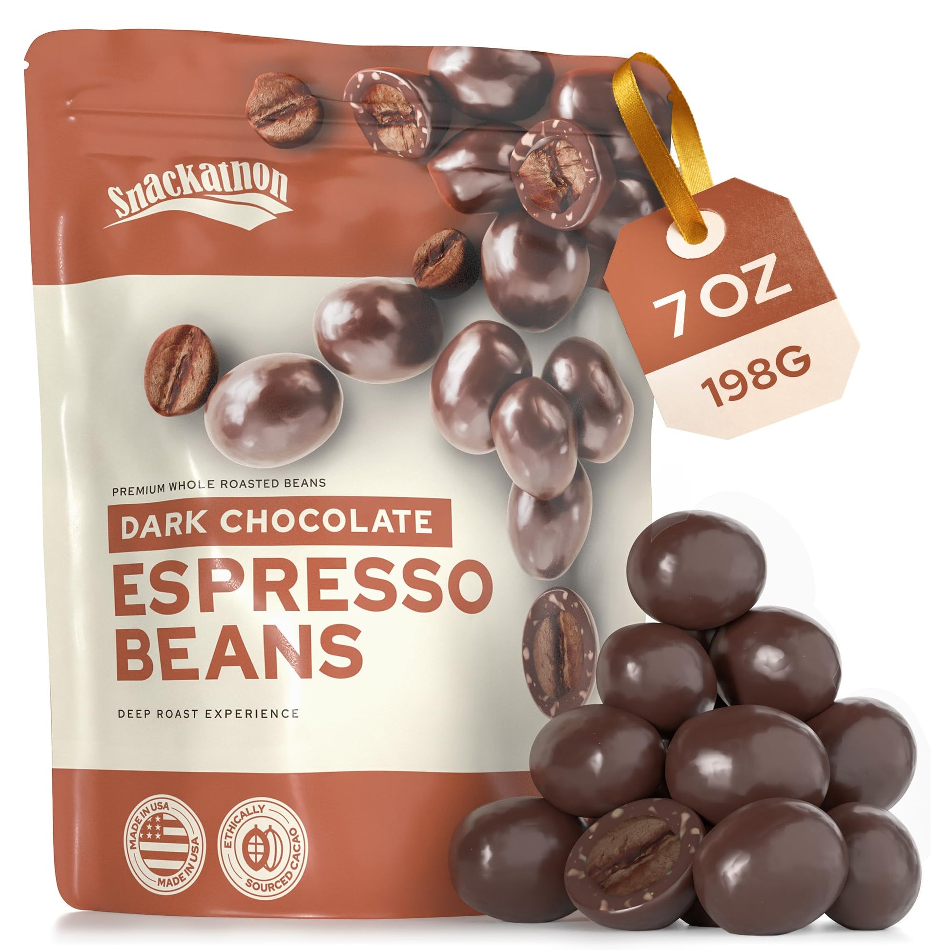 Snackathon Dark Chocolate Covered Espresso Beans  7 Oz Resealable Bag  Made In Usa  Rich & Bold Gourmet Candy Snack For Coffee Lovers