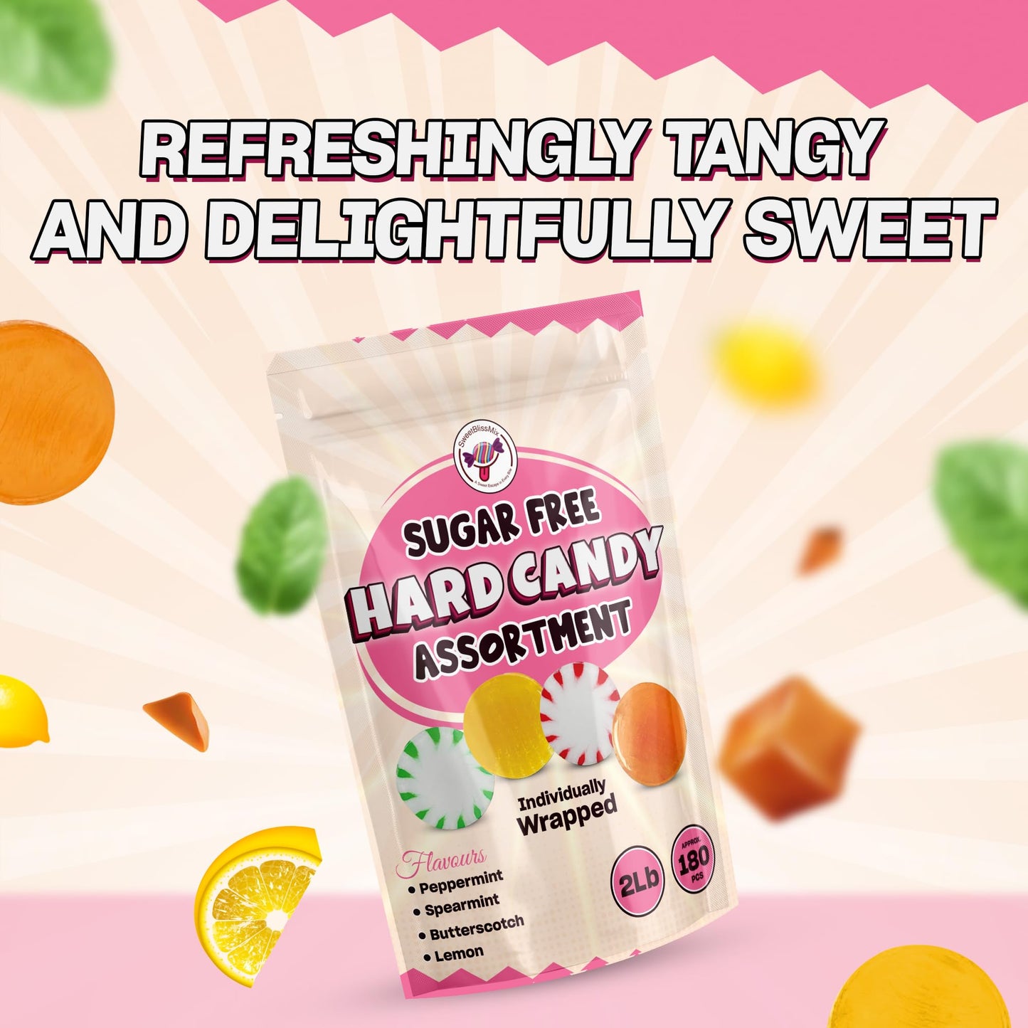 SweetBlissMix Sugar Free Hard Candy Assortment - Lemon, Butterscotch, Spearmint, Peppermint - 2Lbs, Keto Friendly, Individually Wrapped