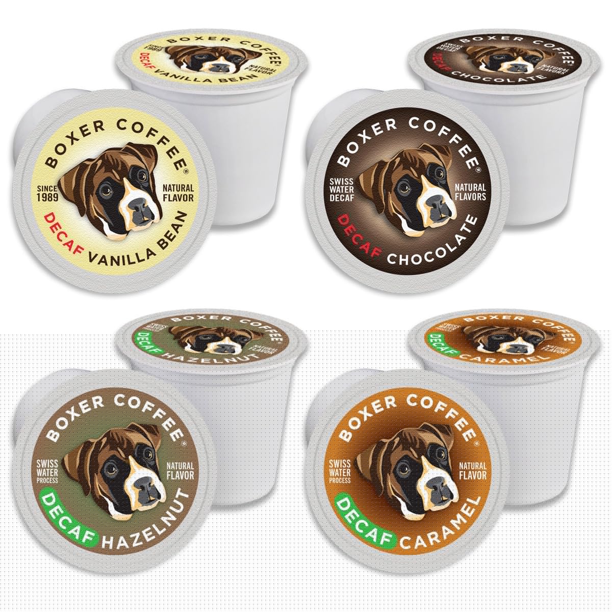 Boxer Coffee Swiss Water Decaf Cozy Classics Variety Naturally Flavored Pods Compatible With Keurig K-Cup  48 Count - Vanilla  Chocolate  Hazelnut  Caramel