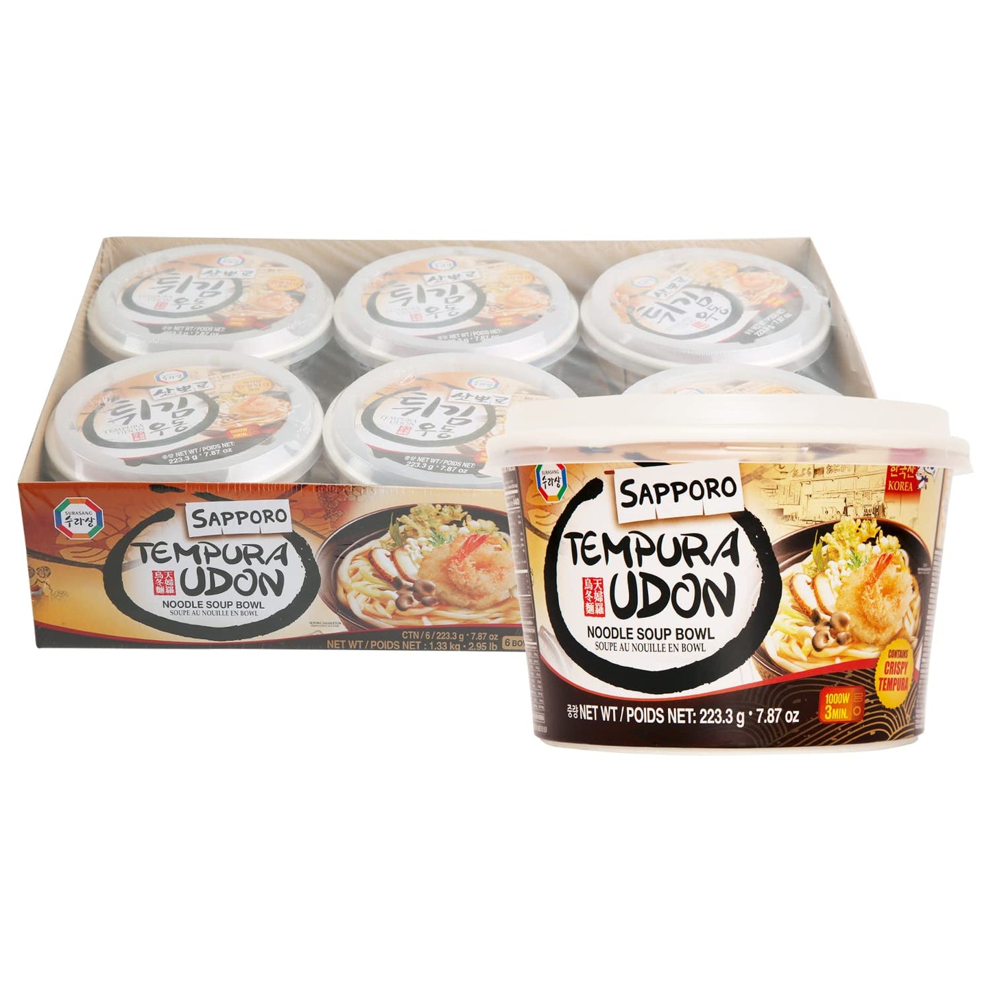 Surasang Tempura Flavor Udon Bowl, 7.87 Ounce, Pack of 6, Instant Noodle Soup