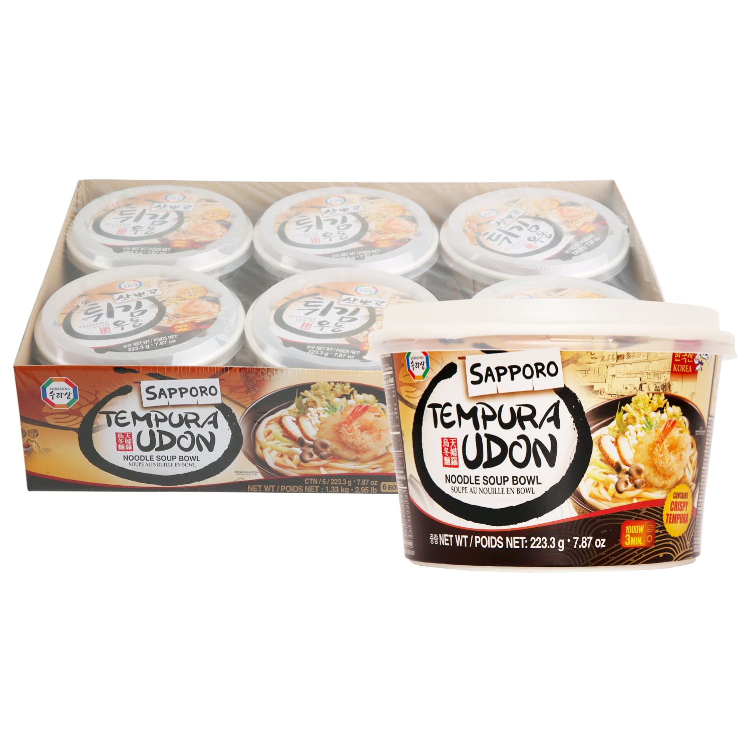 Surasang Tempura Flavor Udon Bowl, 7.87 Ounce, Pack of 6, Instant Noodle Soup