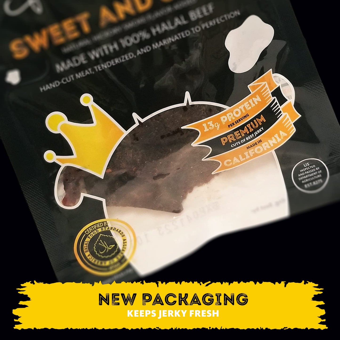 Supreme Beef Jerky, Halal Beef Jerky, Handcrafted Gourmet Meat Snacks, 2.5 Oz (Sweet & Spicy) Brown