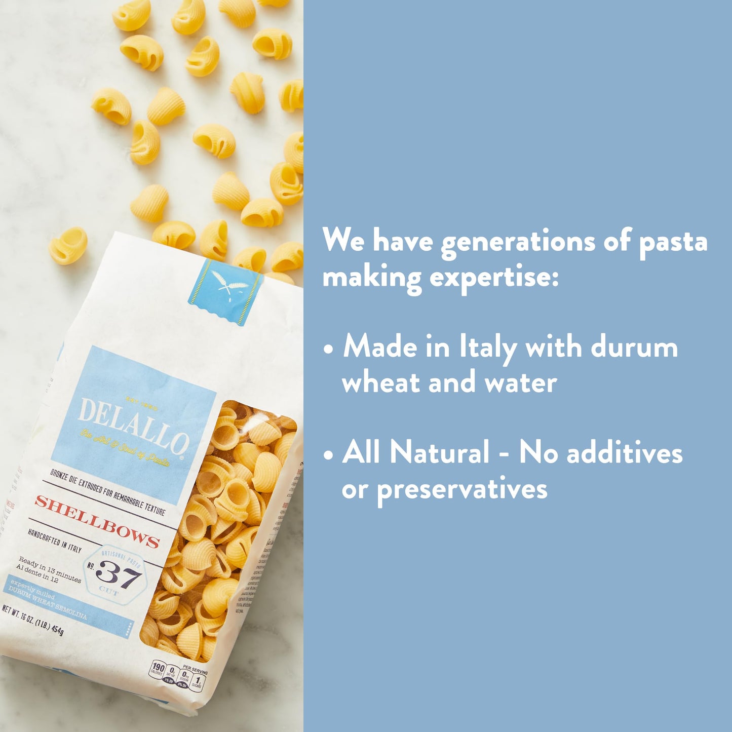Delallo Shellbows Semolina Pasta, 1 Pound Bag, 7 Pack, Product Of Italy, Made With Durum Wheat Flour, Shell-Shaped Noodles