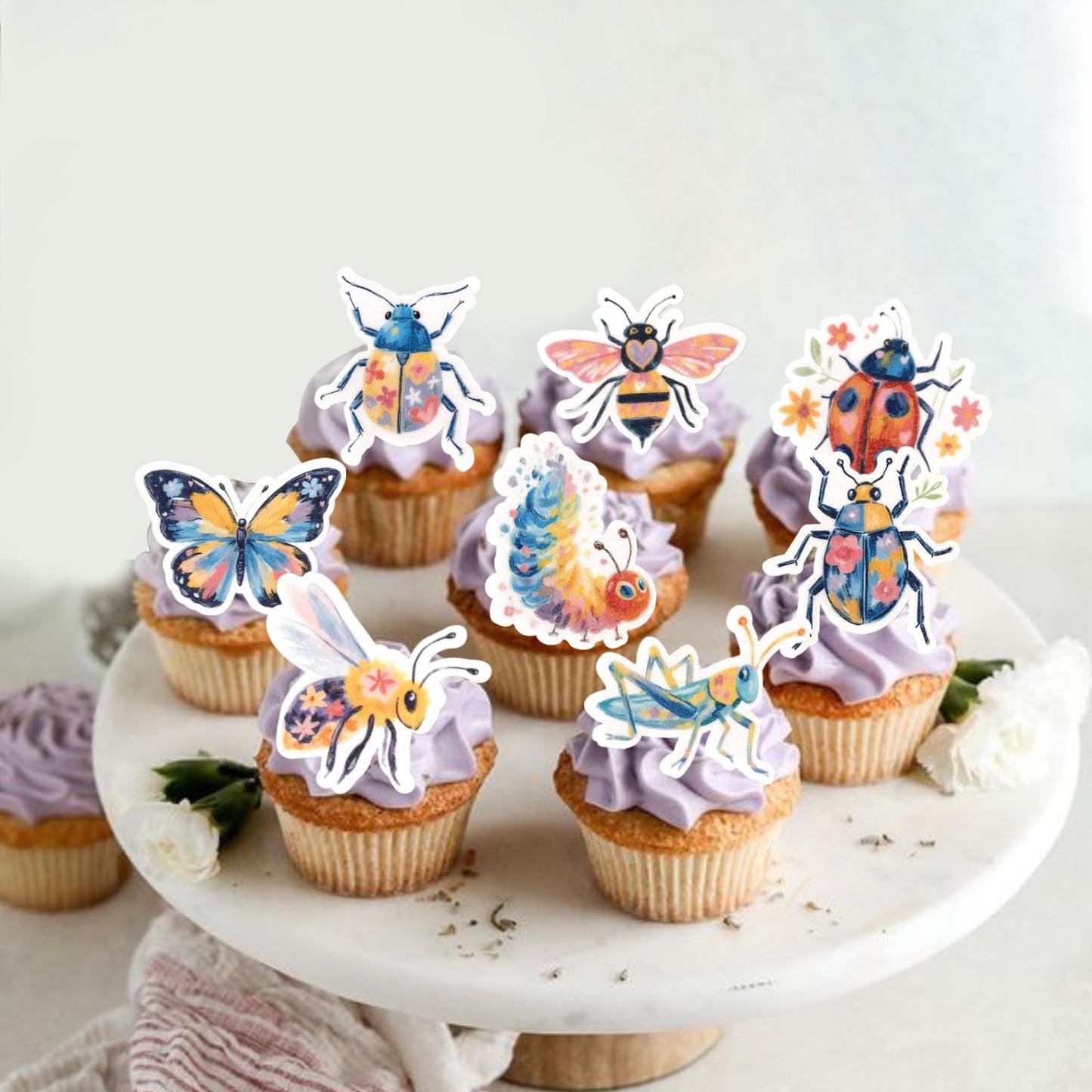 ZHUOWEISM Edible Insect Cupcake Toppers, 60 PCS, Ladybugs, Grasshopper, Dragonfly, Caterpillar, Butterfly, Bee, Design 7