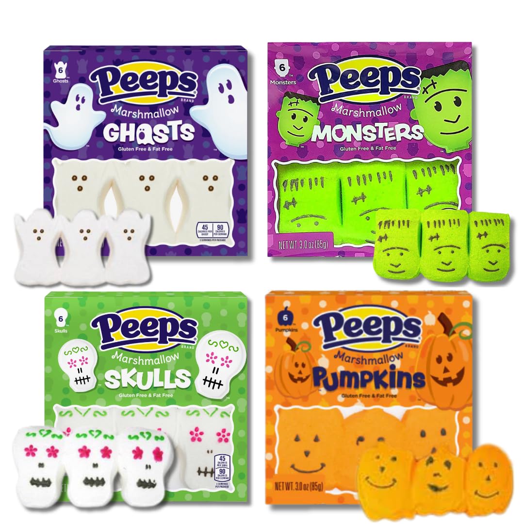 Halloween Peeps - Ghosts, Skulls, Monsters & Pumpkins - Gift Bundle Of 4, 3Oz. 6Ct Boxes (One Each) By Lyzas Sweets &  