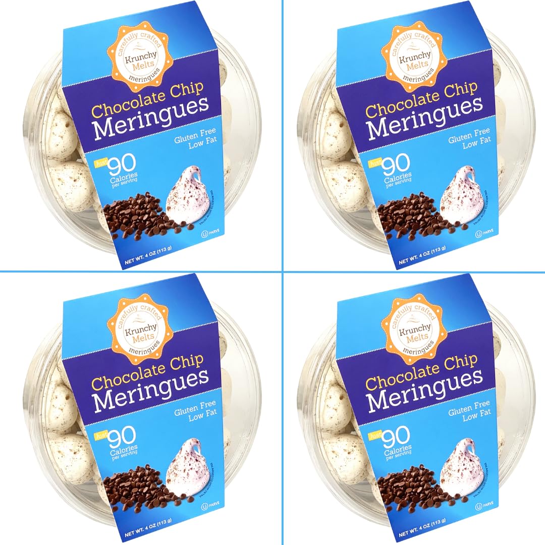 4 Pack Krunchy Melts Original Meringue Cookies | Chocolate Chip Flavor 4-Pack | Only 90 Calories Per Serving | Low Fat, Gluten F