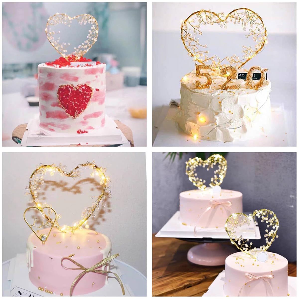Kipetto Love Heart Pearl Cake Toppers With Led Light For Birthday Wedding Anniversary Party Decor