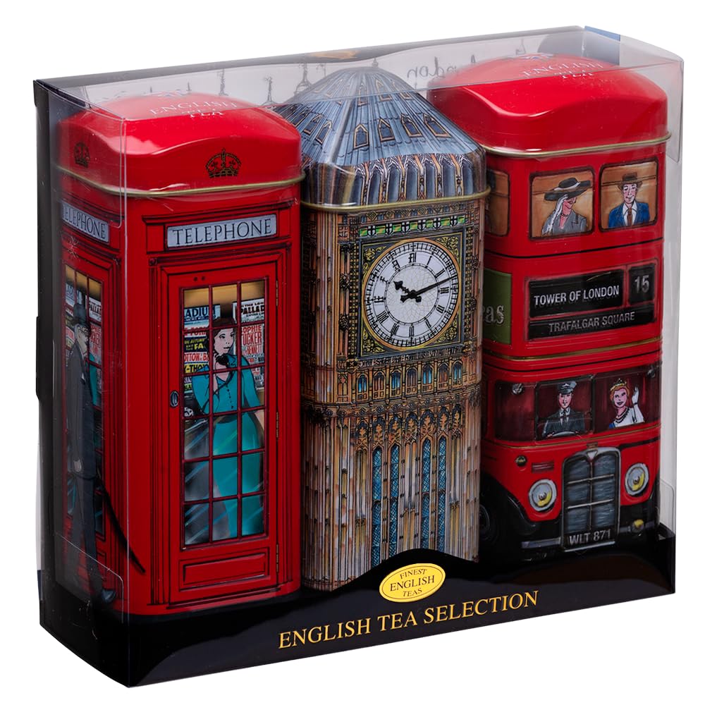 British Heritage 3x Tea Tins with 42 English Teabags (Big Ben, Red London Bus, Telephone Box)