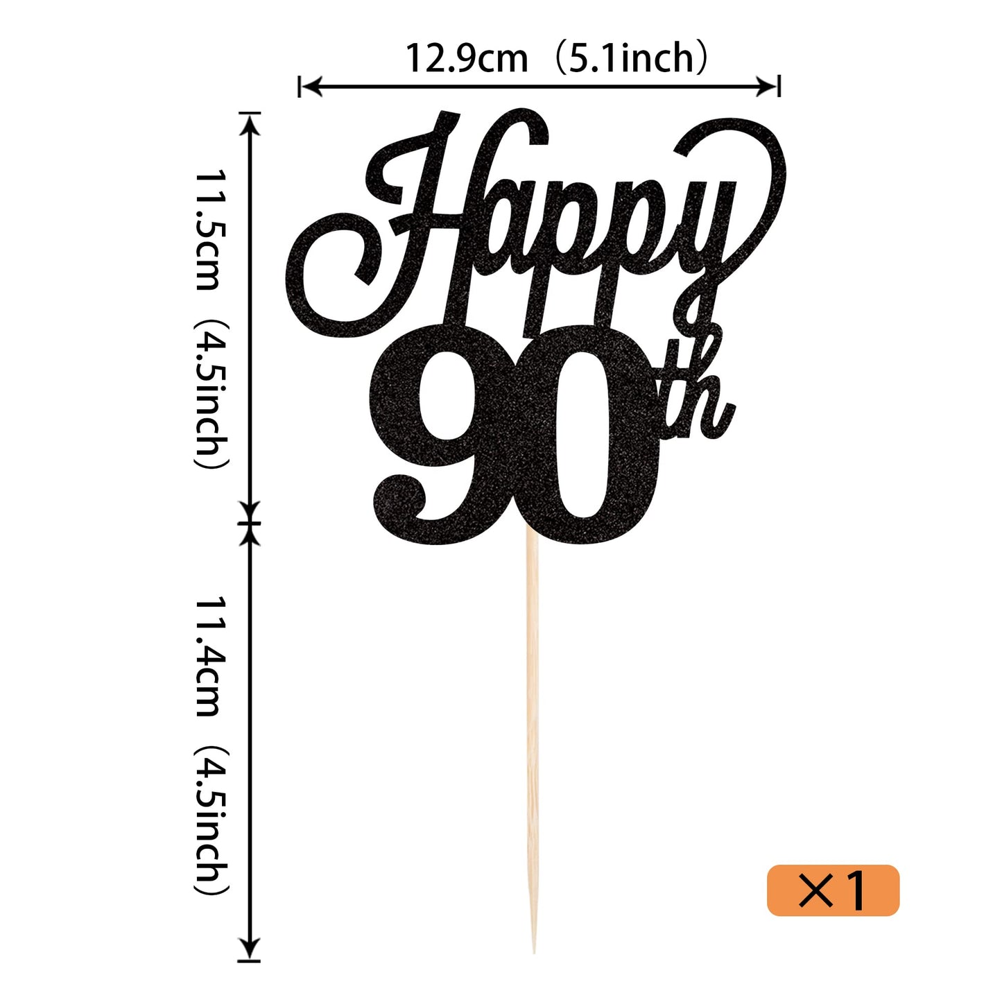 YCTHUNFISH 90th Birthday Cake Topper Black Glitter Bamboo Decoration for 90th Anniversary Party Supplies
