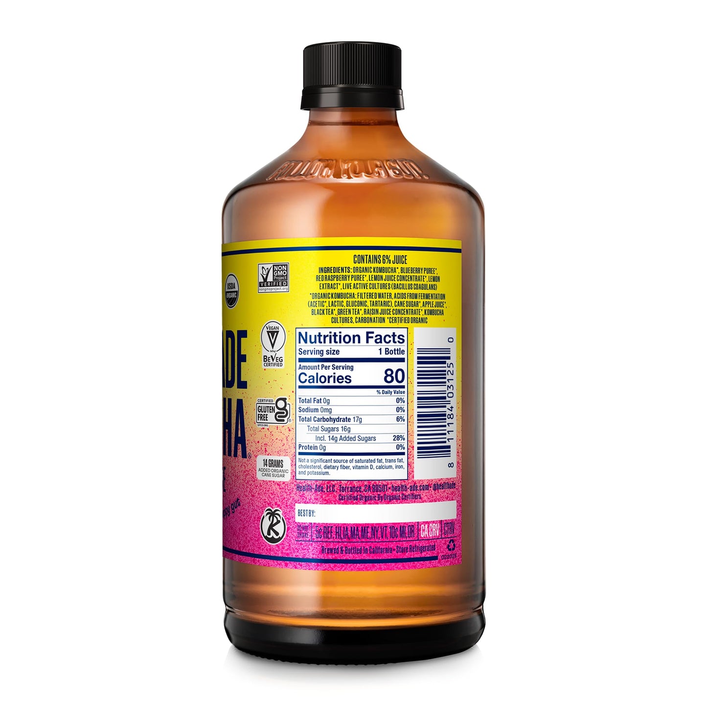 Health-Ade Kombucha Tea, Organic Fermented Drink, Non-GMO, Vegan, Gluten Free, 12 Pack, 16 Fl Oz Bottles, Berry Lemonade