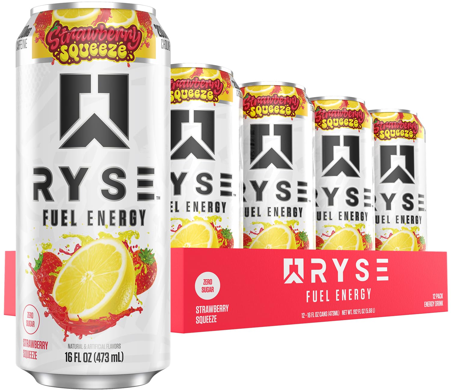 RYSE Fuel Energy Drink - Strawberry Squeeze - Sugar Free & Vegan - 200mg Caffeine - 16 Fl Oz Cans (12-Pack)