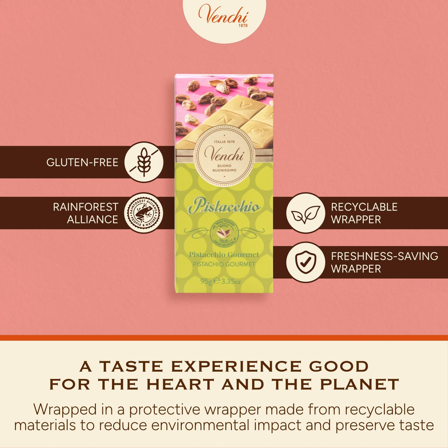 Venchi - Pistachio Gourmet Chocolate Bar - White Chocolate and Pistachio Paste Cream Bar, 3.53 oz - Gluten Free