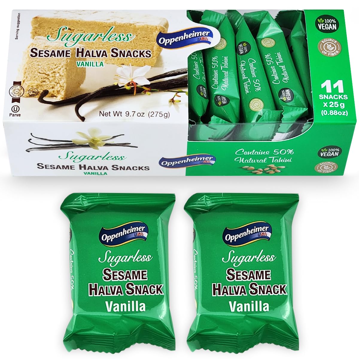 Oppenheimer USA Sugarless Sesame Halva Snacks, Vanilla Flavor, Vegan, Kosher, 11 Pack, 9.7 Oz